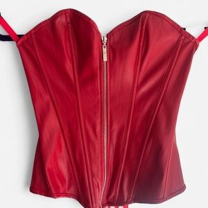 ❤️‍🔥 Red Faux Leather Corset Top w/Silver zipper and Lace tie in Back